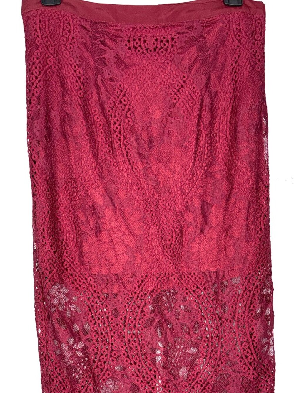 Band of Gypsies Red Floral Lace Sheer Lined Midi Long Back-Slit Zip Skirt M
